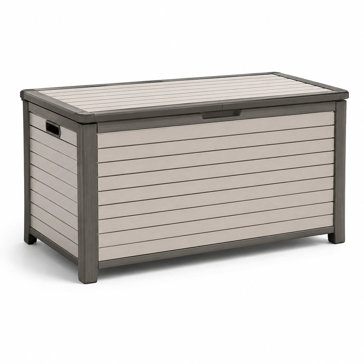 Baúl de jardín de plástico gris beige 117 cm x 45 cm x 57 cm