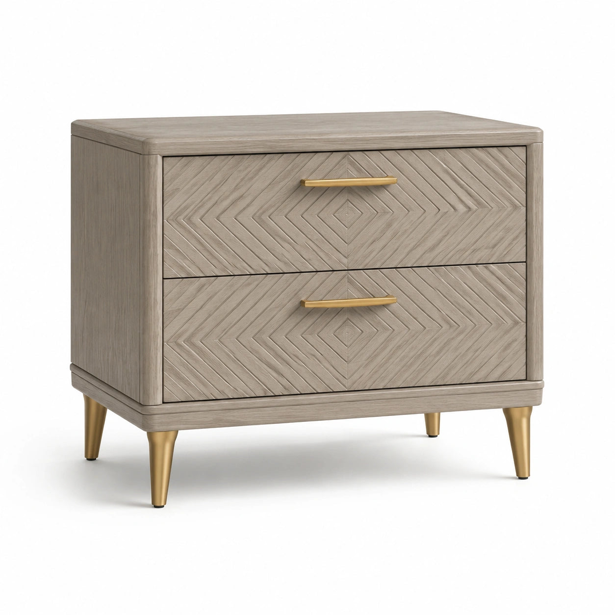 Mesita de noche de madera de roble con asas de metal, beige