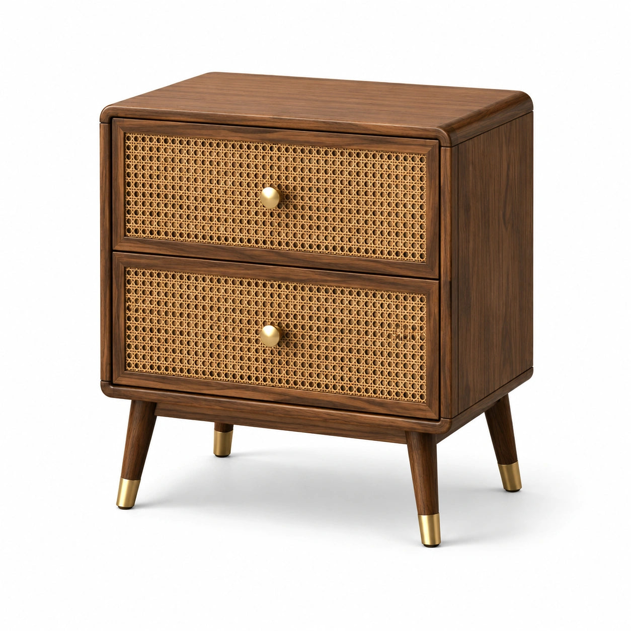 Mesita de noche de madera y ratán natural con detalle dorado