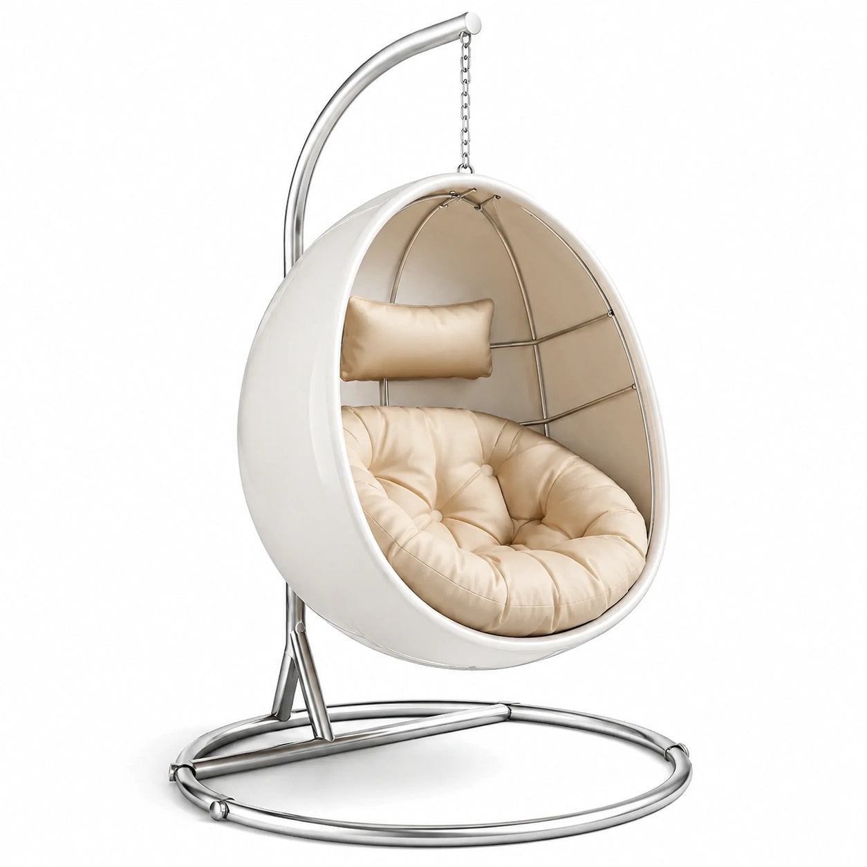 Sillón colgante de metal con cojín color crema