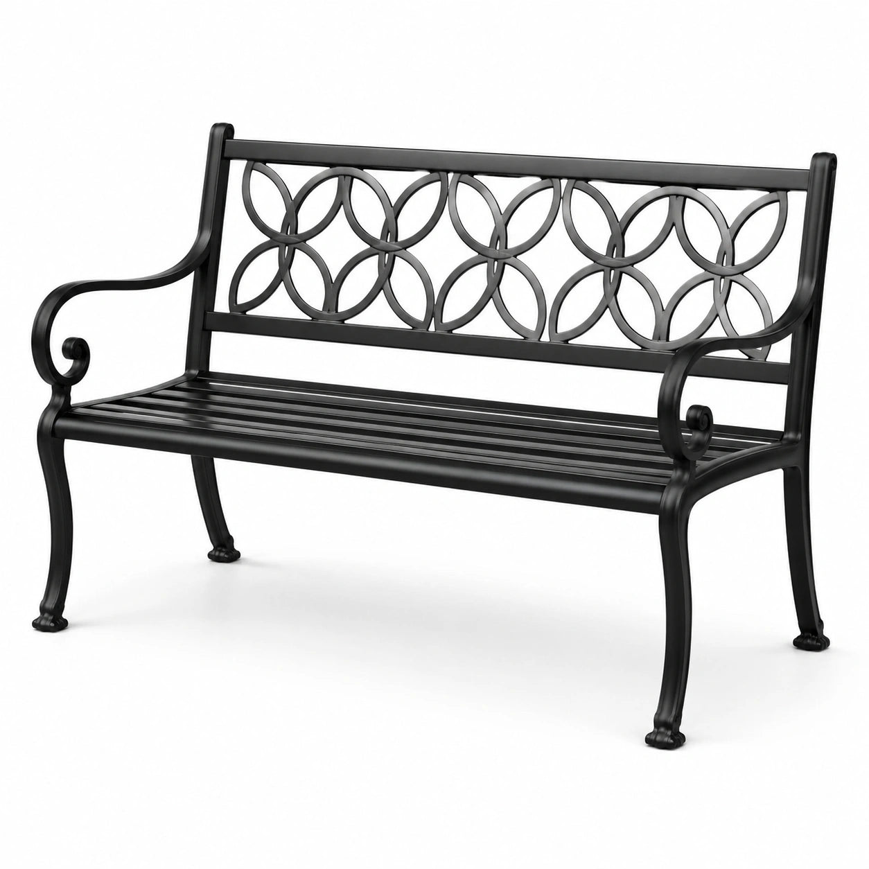 Banco de metal negro con respaldo decorativo 128cm
