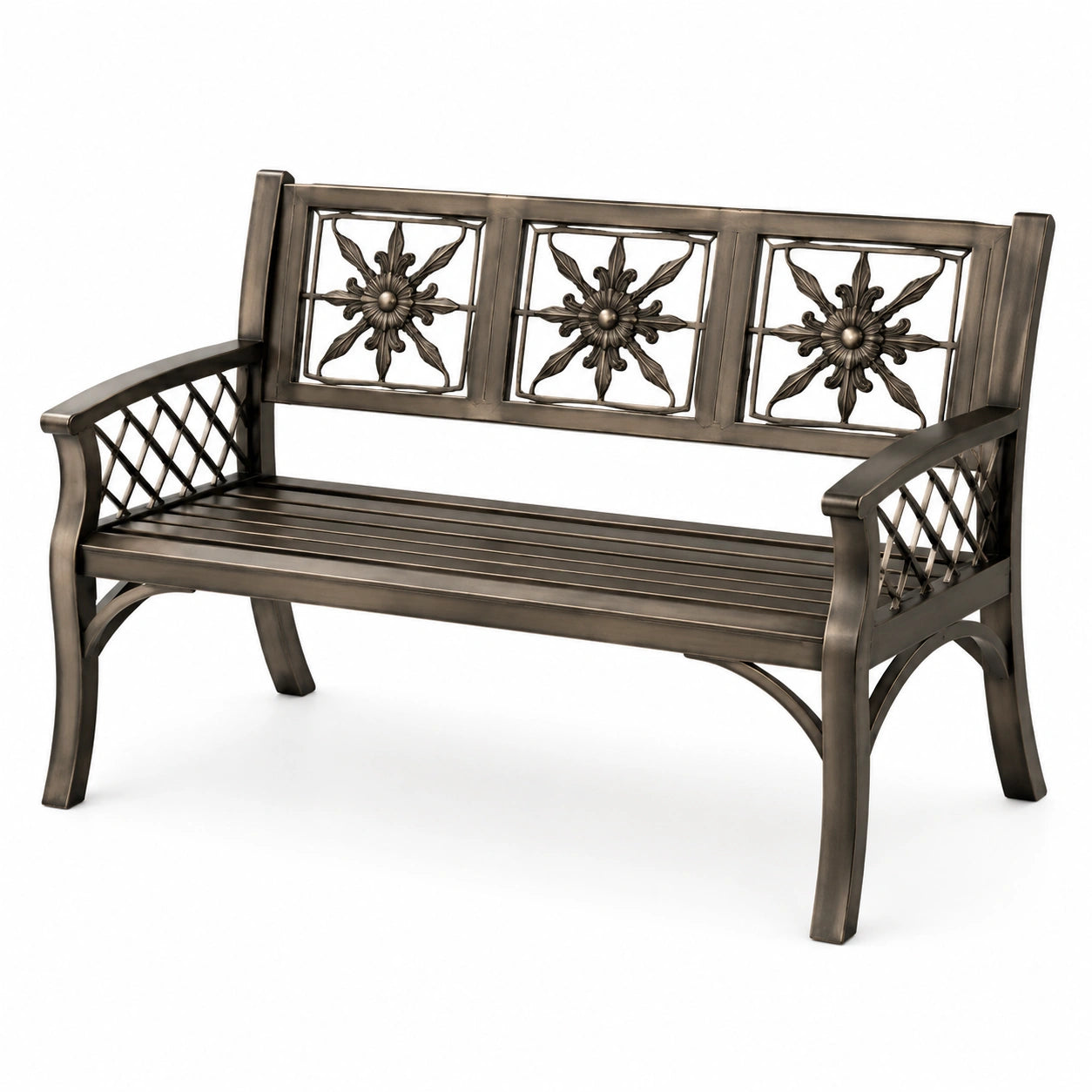 Banco de jardín de metal bronce con respaldo decorativo, 120 cm