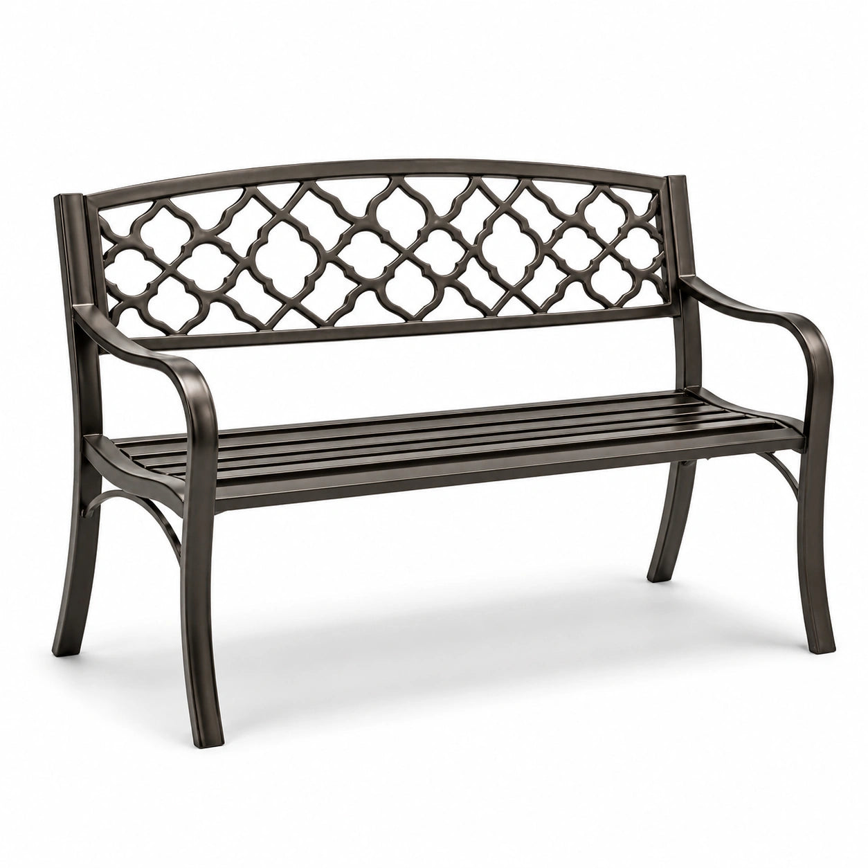 Banco de metal con respaldo decorativo 128 cm bronce