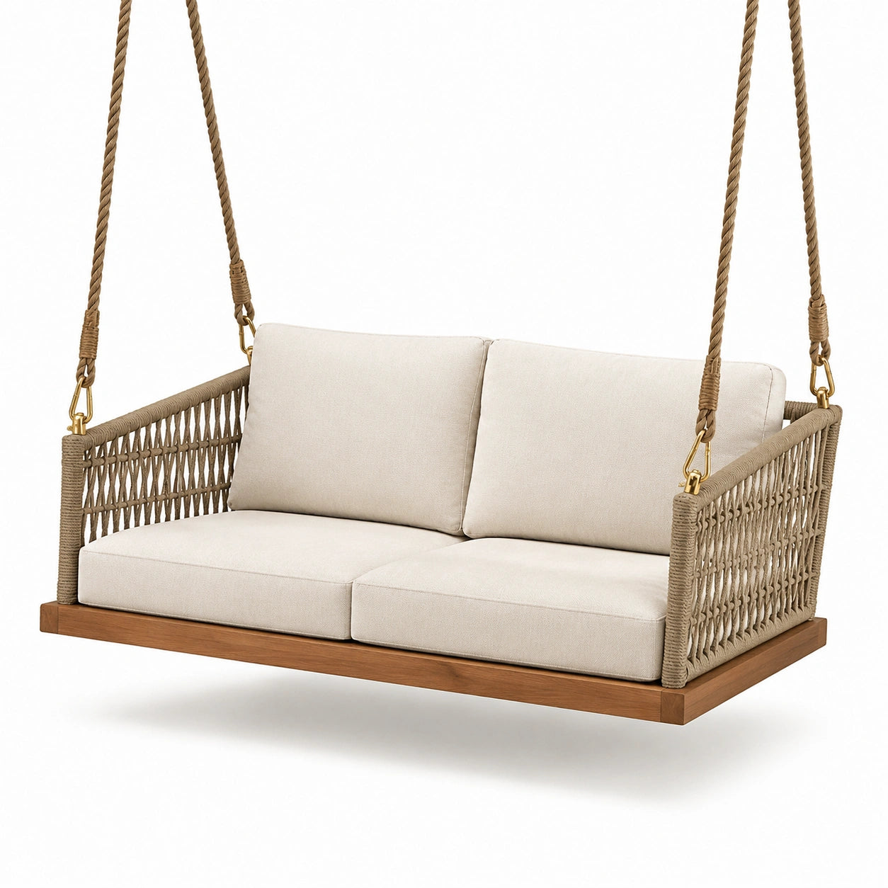 Columpio de porche con cojines beige, madera y cuerda de poliéster