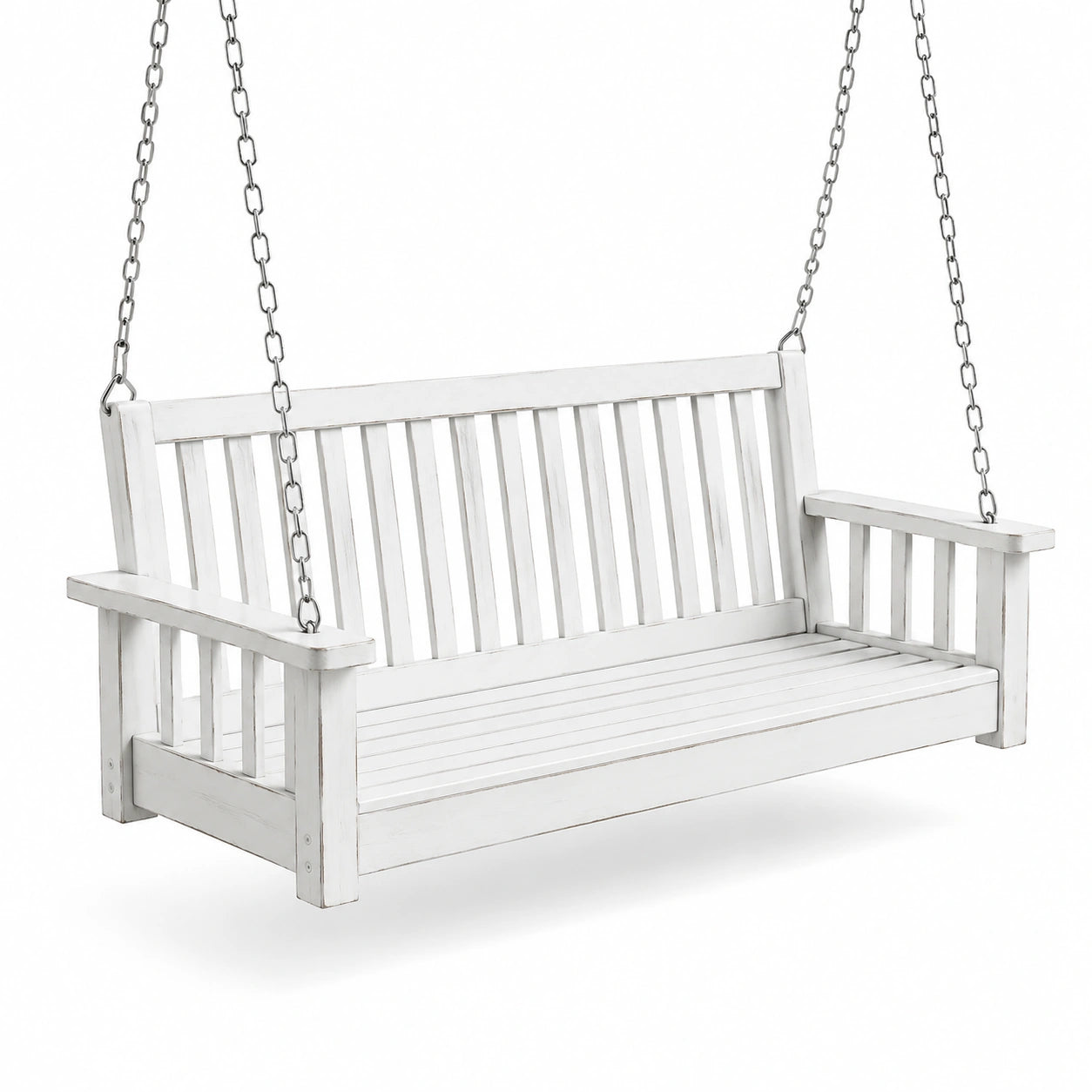 Columpio de madera blanca con cadenas de acero