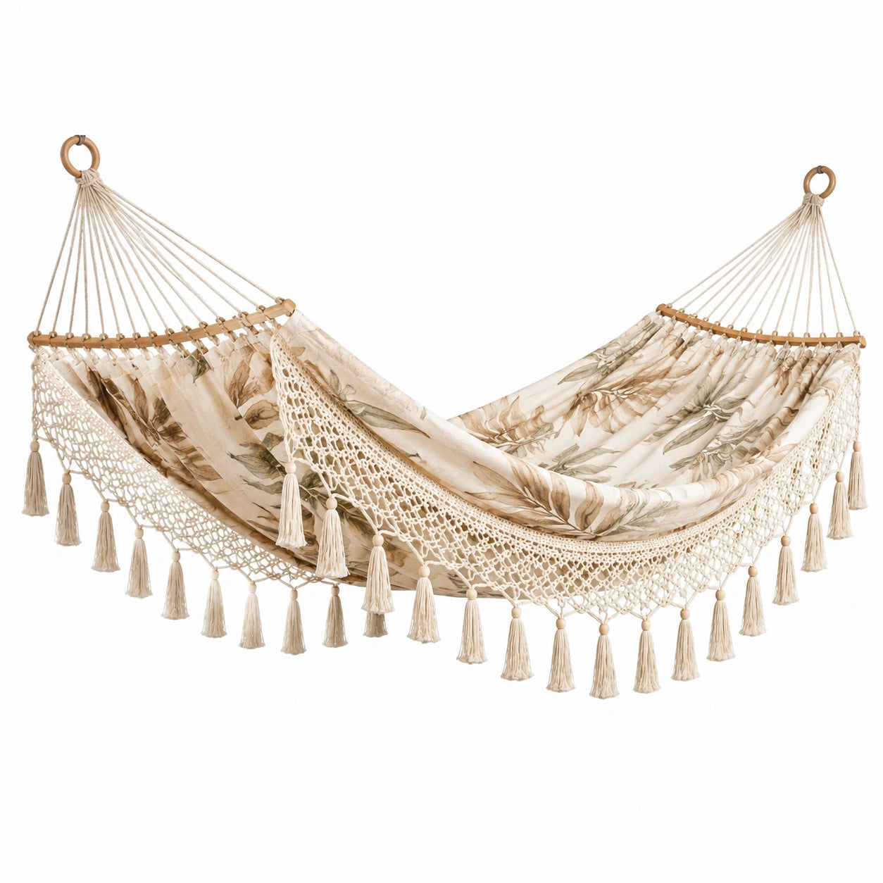 Hamaca de Algodón con Flecos y Estampado Floral Beige 200x150 cm