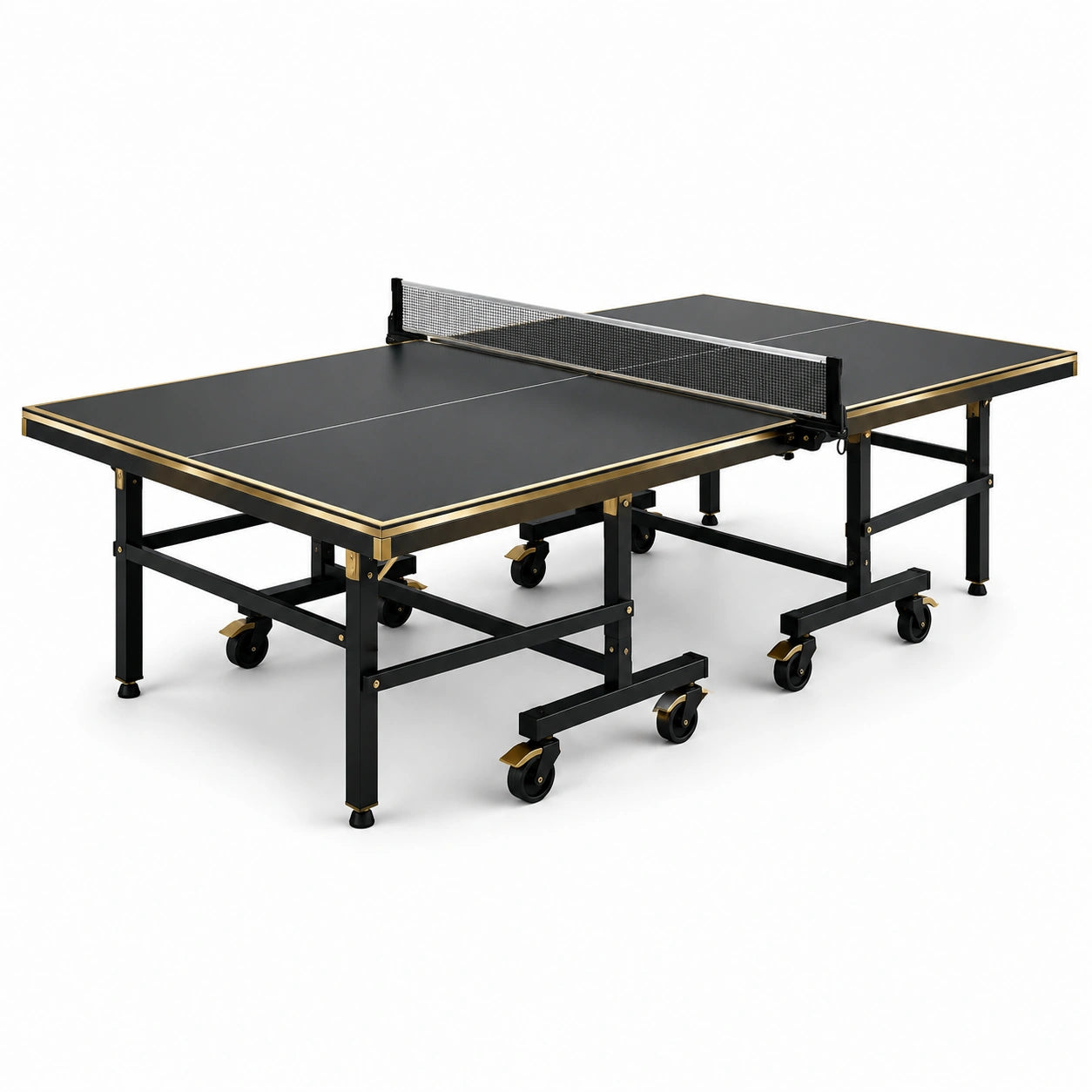 Mesa de ping-pong negra plegable con ruedas y bordes dorados