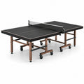 Mesa de tenis de mesa plegable de madera y metal con ruedas negra