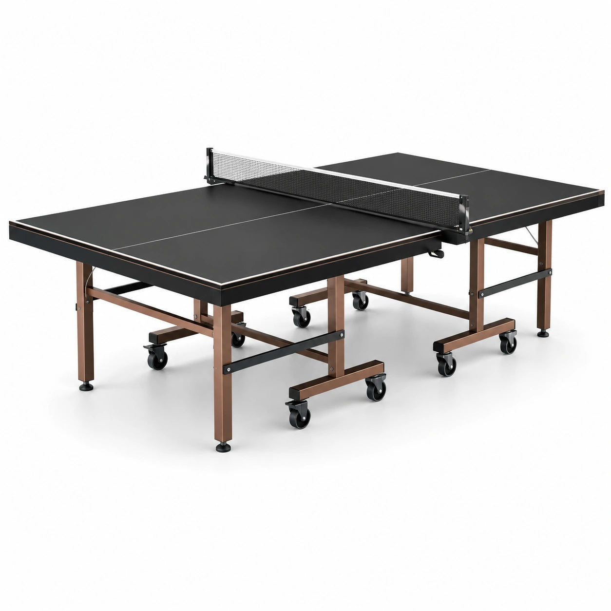 Mesa de tenis de mesa plegable de madera y metal con ruedas negra